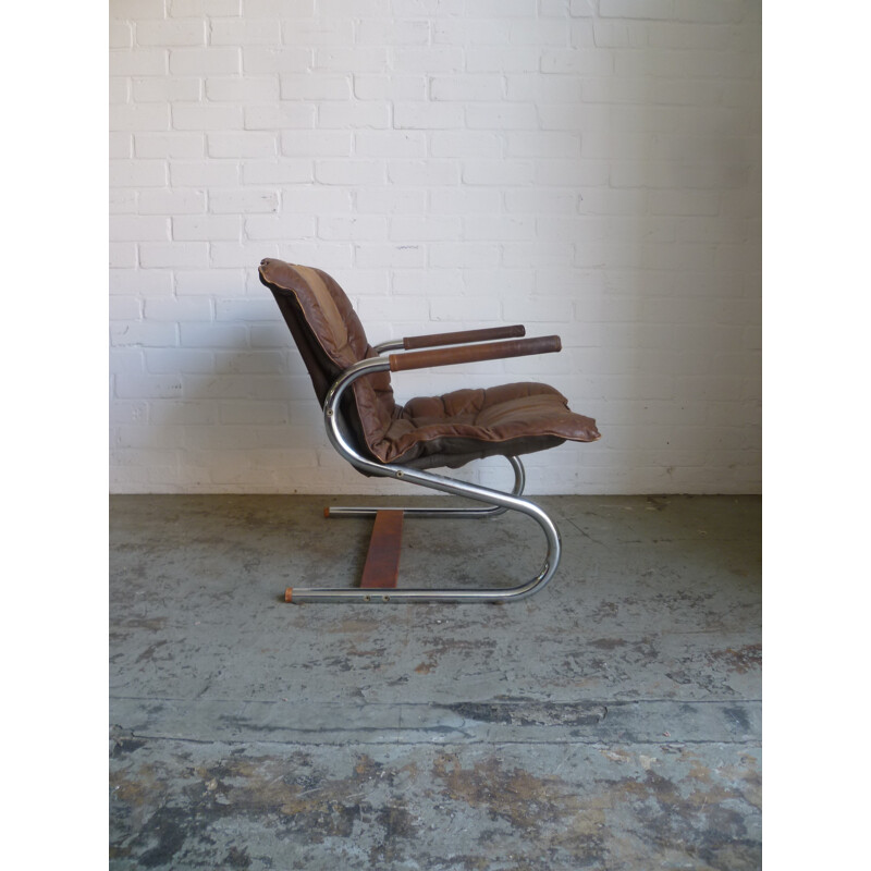 Steel vintage armchair, leather and wood - 1960s