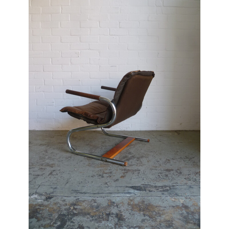 Steel vintage armchair, leather and wood - 1960s