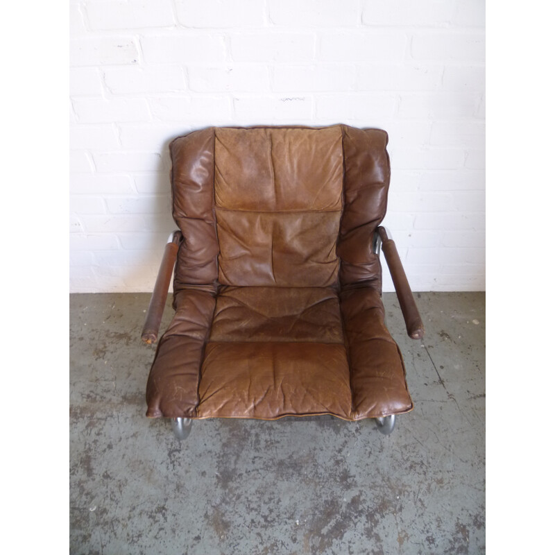 Steel vintage armchair, leather and wood - 1960s