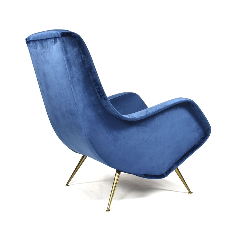 Vintage blue velvet armchair by Aldo Morbelli