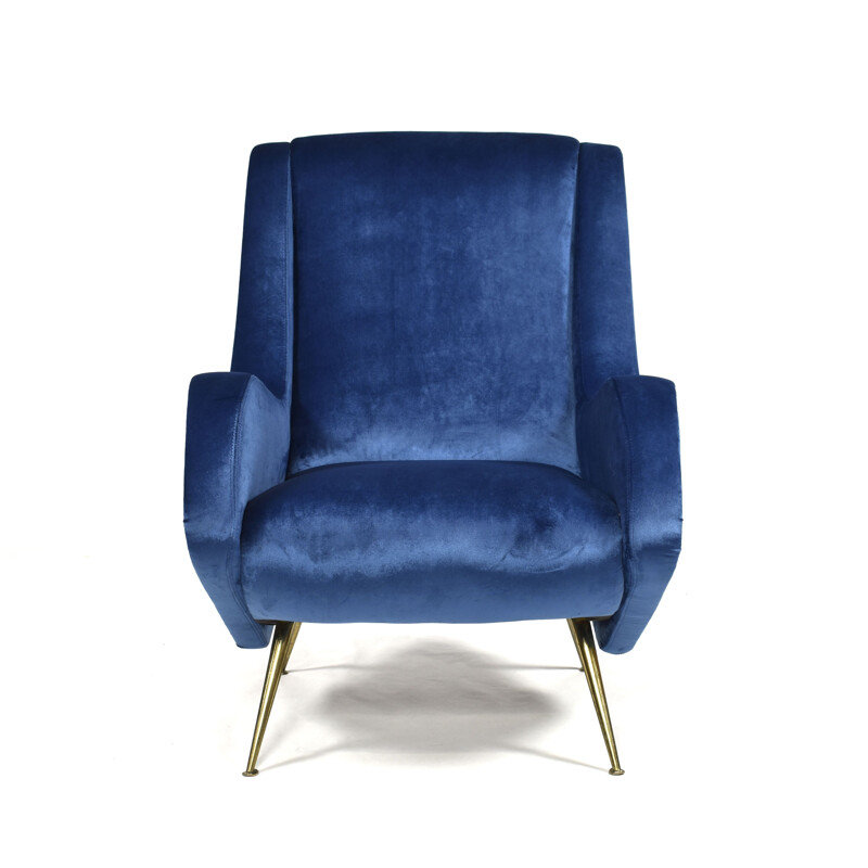 Vintage blue velvet armchair by Aldo Morbelli