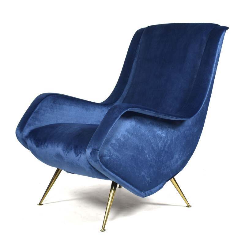 Vintage blue velvet armchair by Aldo Morbelli