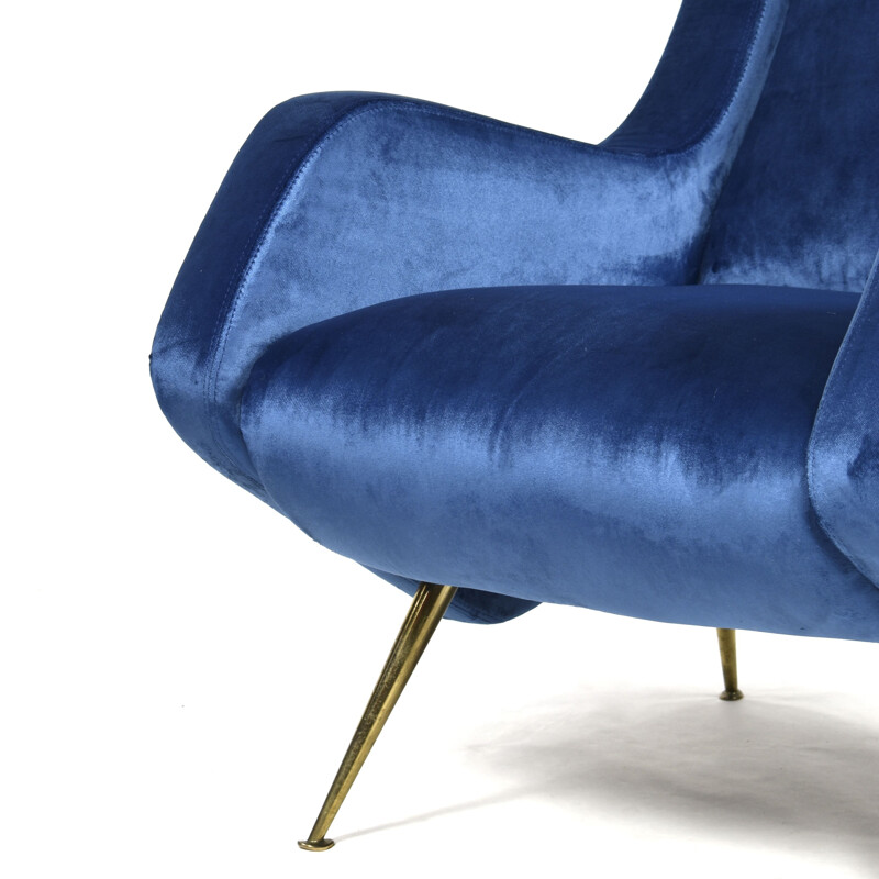 Vintage blue velvet armchair by Aldo Morbelli