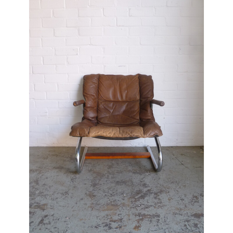 Steel vintage armchair, leather and wood - 1960s