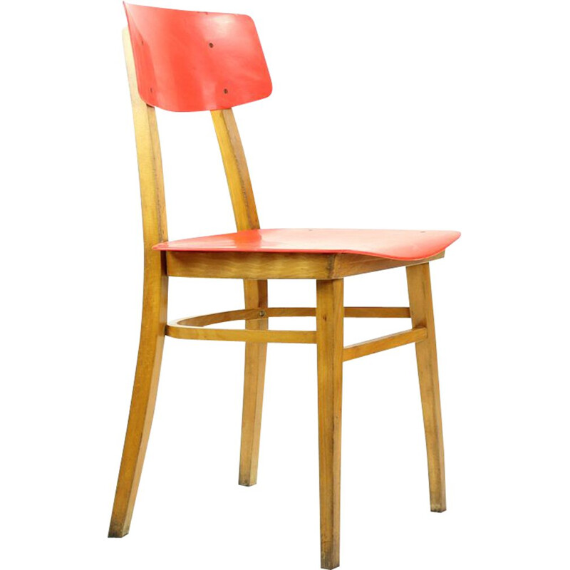Chaise rouge vintage en hêtre et plastique