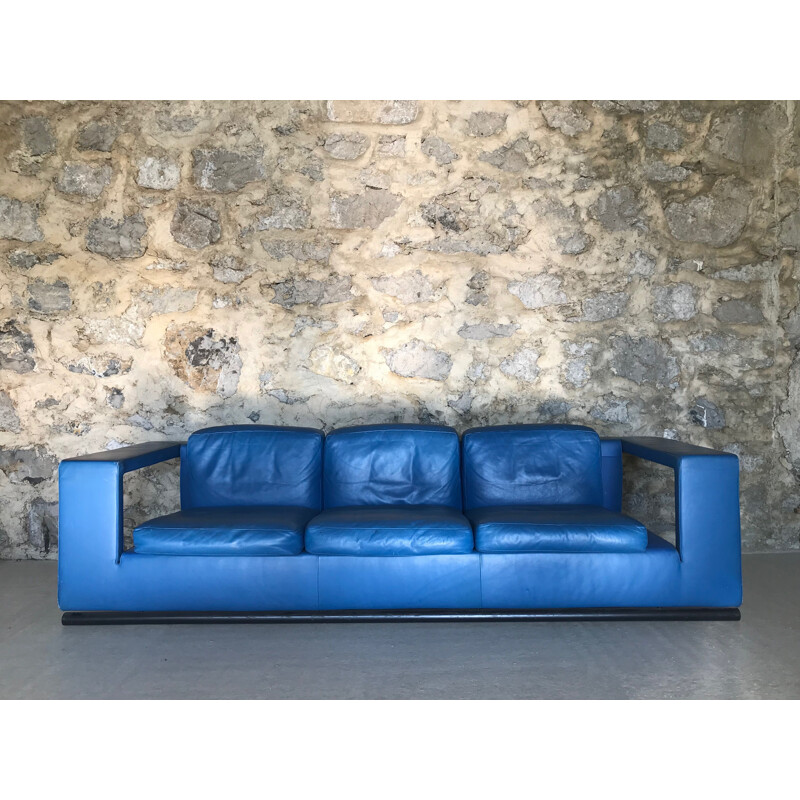 Canapé 3 places vintage en cuir bleu par Paolo Piva pour De Sede