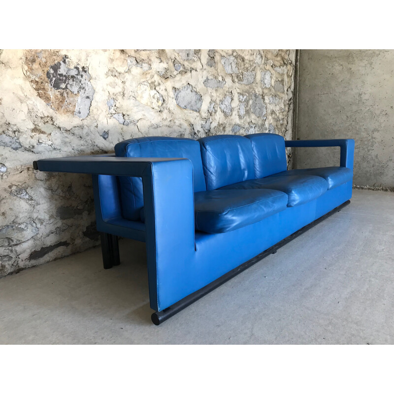 Vintage 3-seater sofa in blue leather by Paolo Piva for De Sede