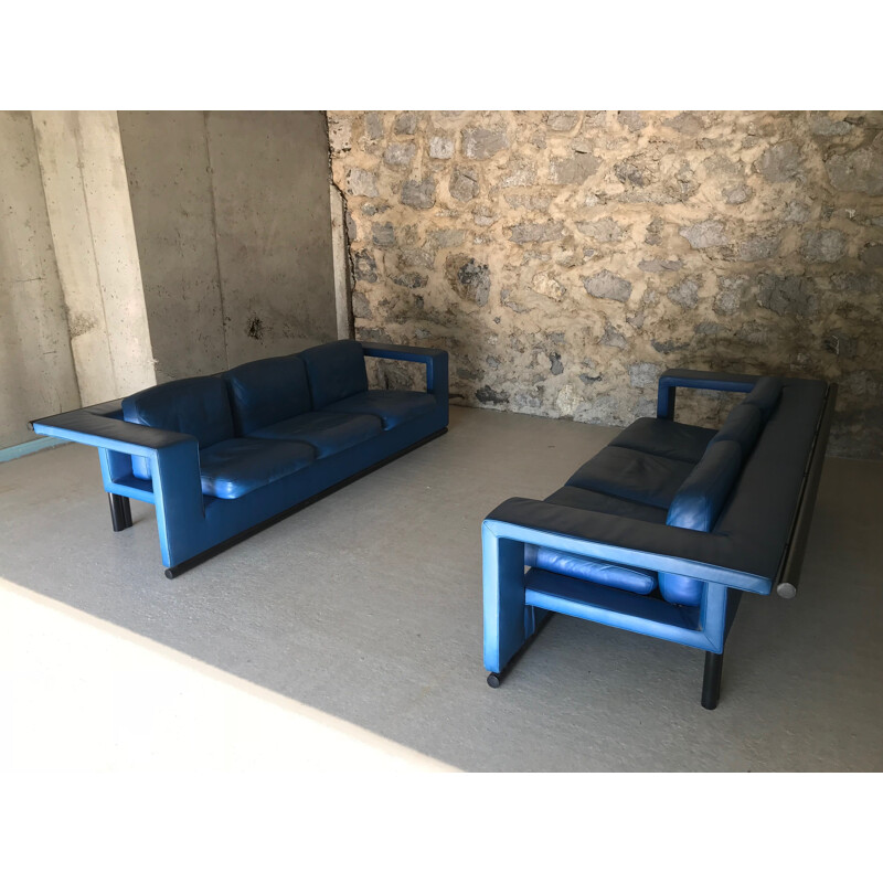 Vintage 3-seater sofa in blue leather by Paolo Piva for De Sede