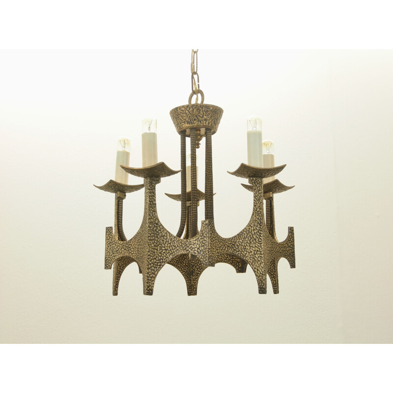 Vintage brutalist brass chandelier by Moe Bridges