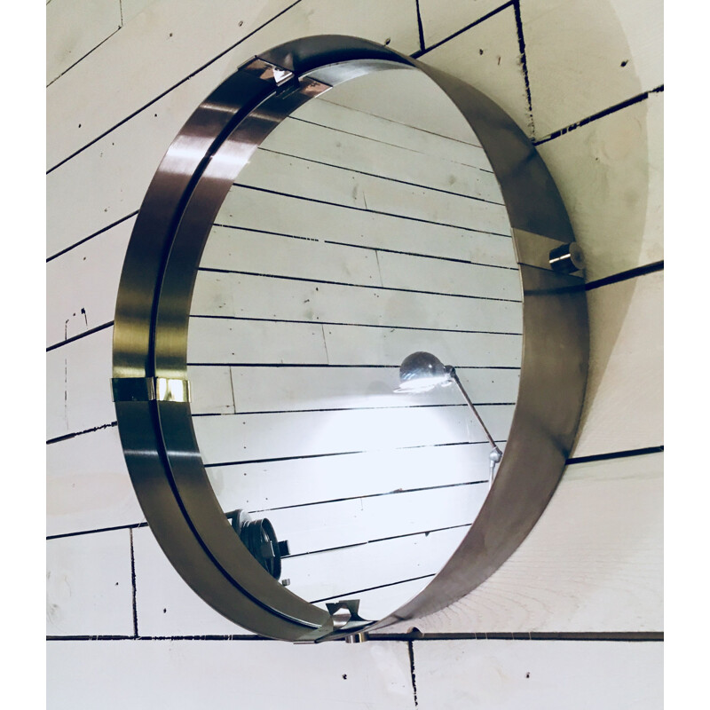 Grand miroir vintage rond en aluminium brossé