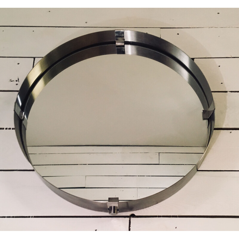 Grand miroir vintage rond en aluminium brossé