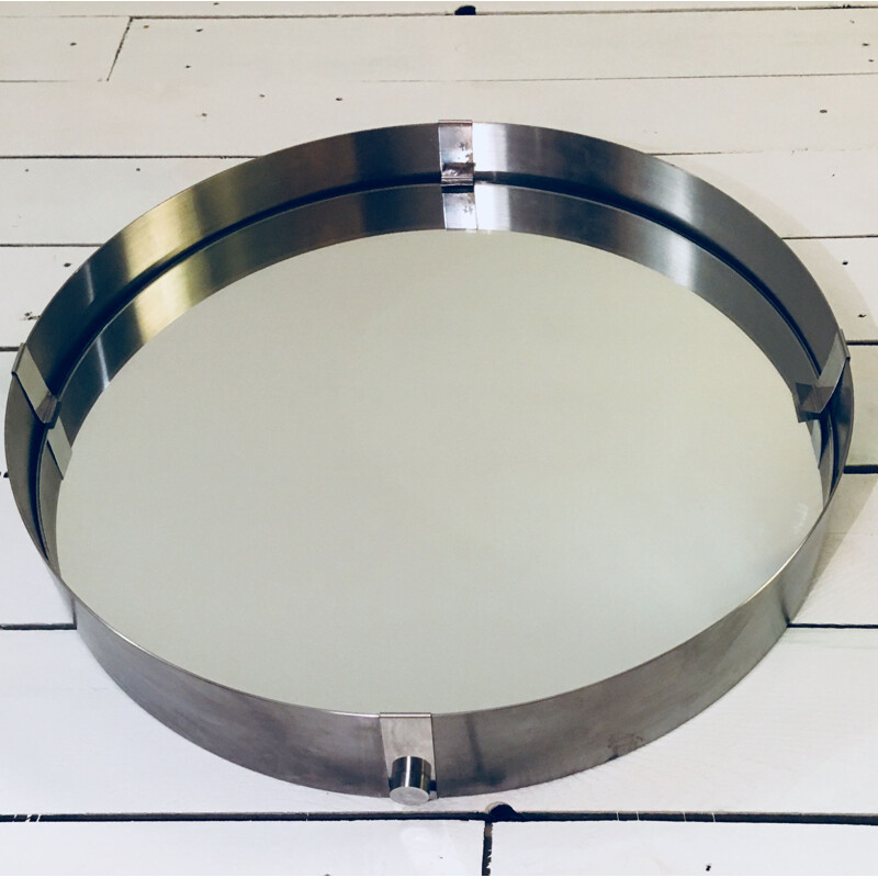 Vintage round mirror in brushed aluminium