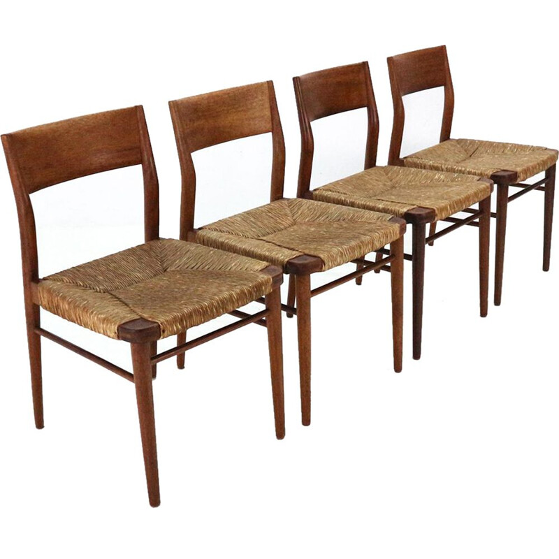 Set of 4 vintage chairs in teak and raffia model 351 by Georg Leowald for Wilkhahn