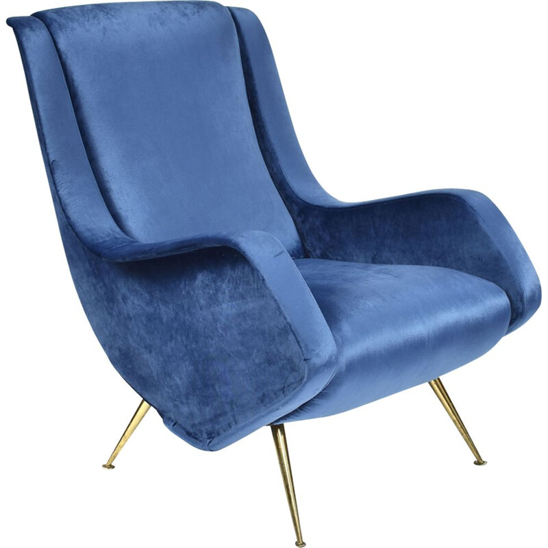 Vintage blue velvet armchair by Aldo Morbelli