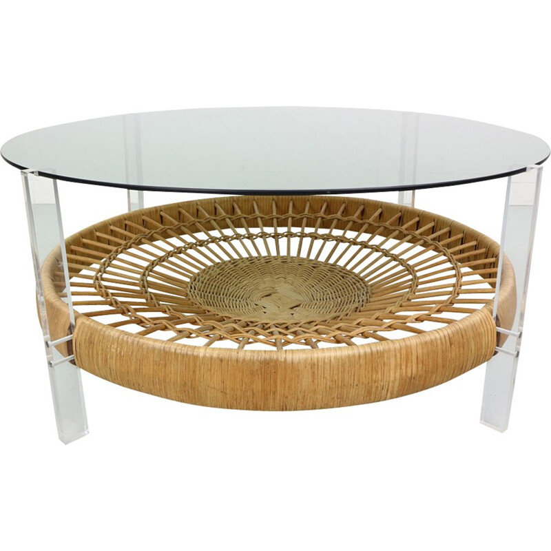 Vintage Italian coffee table with magazine rack in rattan and smoked glass