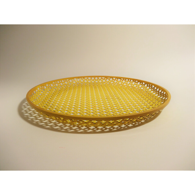 Vintage yellow tray in perforated metal by Mathieu Matégot