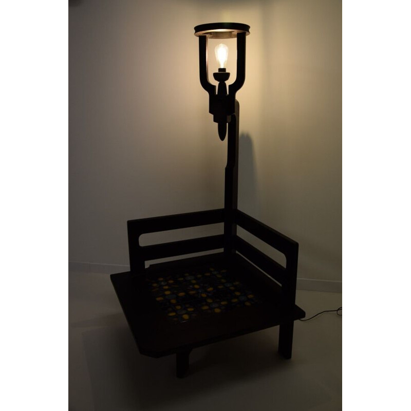 Vintage black stained oak coffee table lamp by Guillerme and Chambron, 1960