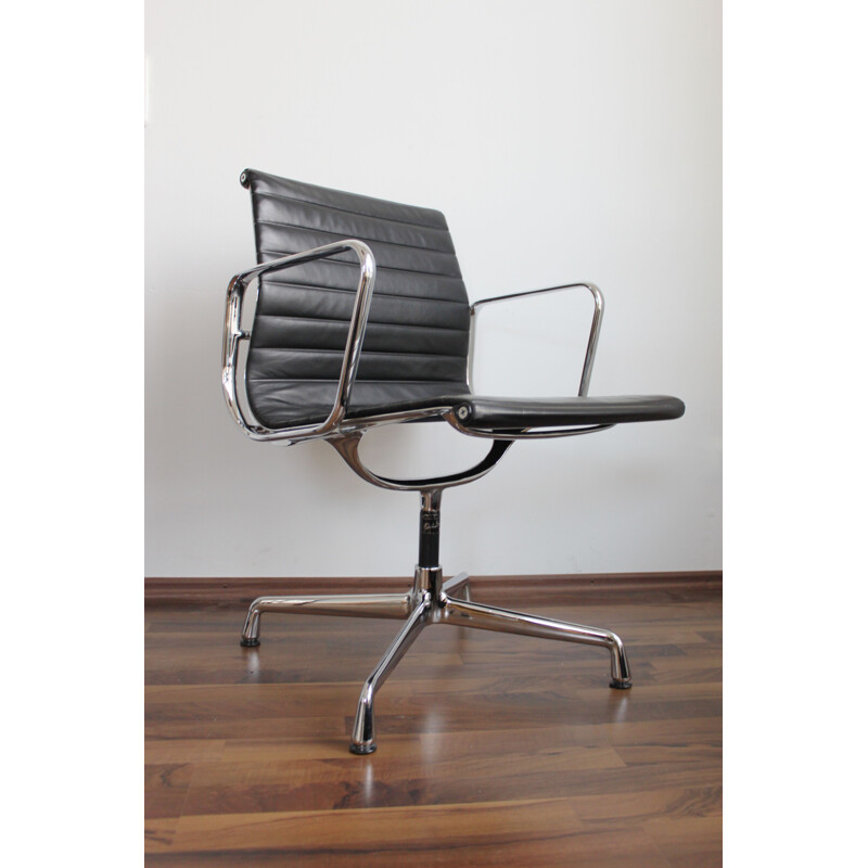 Vintage armchair EA108 black leather and aluminium by Eames for Vitra