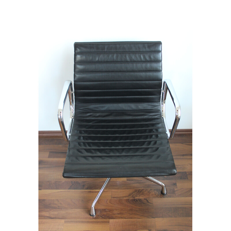 Vintage armchair EA108 black leather and aluminium by Eames for Vitra