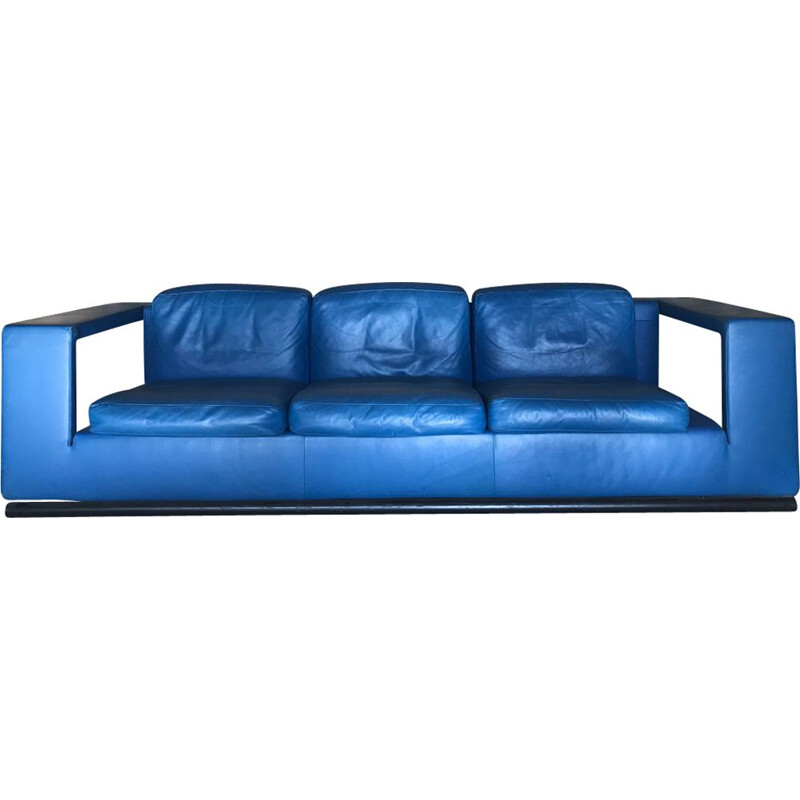 Vintage 3-seater sofa in blue leather by Paolo Piva for De Sede