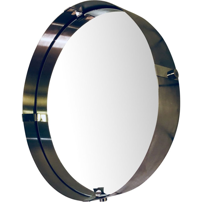 Grand miroir vintage rond en aluminium brossé