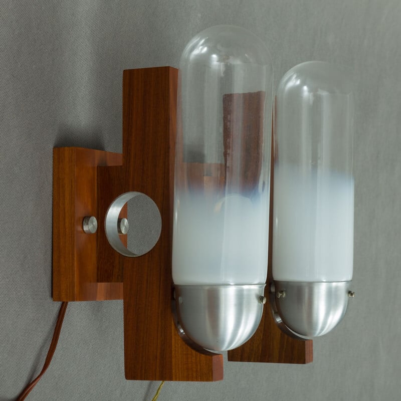 Pair of teak and glass wall lights by Mazzega