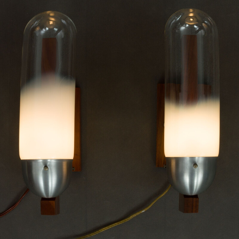 Pair of teak and glass wall lights by Mazzega