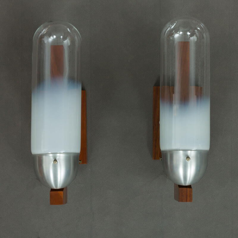 Pair of teak and glass wall lights by Mazzega