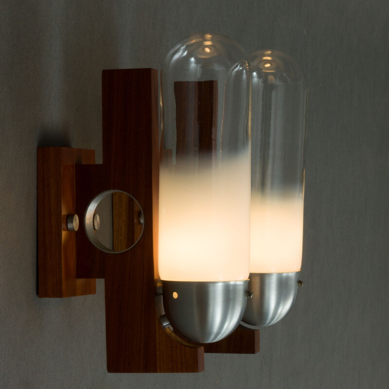 Pair of teak and glass wall lights by Mazzega
