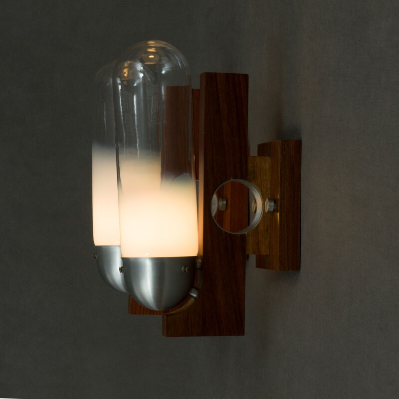 Pair of teak and glass wall lights by Mazzega