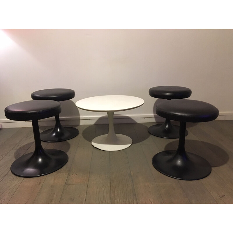 Set of 4 vintage stools Tulip sitting in black leatherette