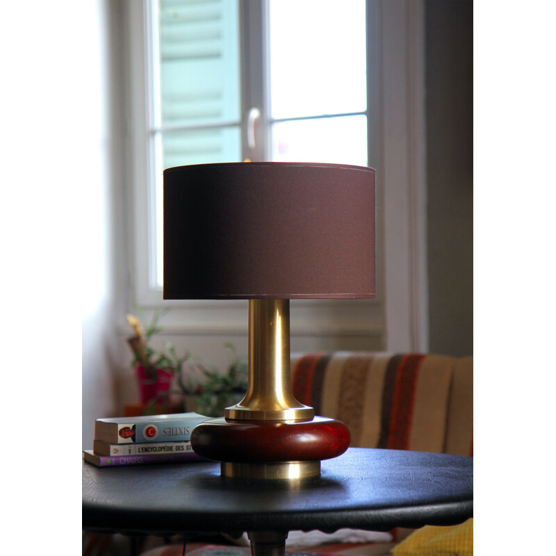 Vintage table lamp in wood and gilded stainless steel
