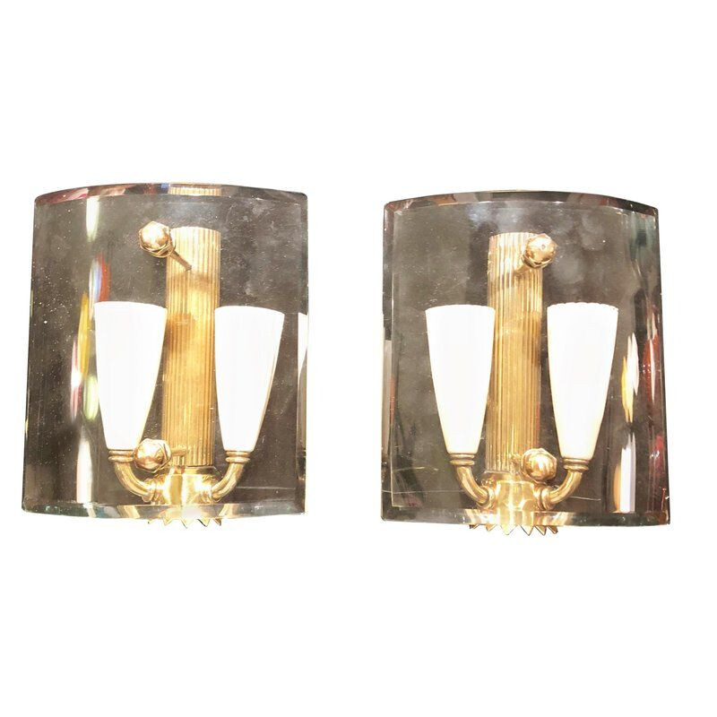 Pair of vintage wall lights in brass and glass