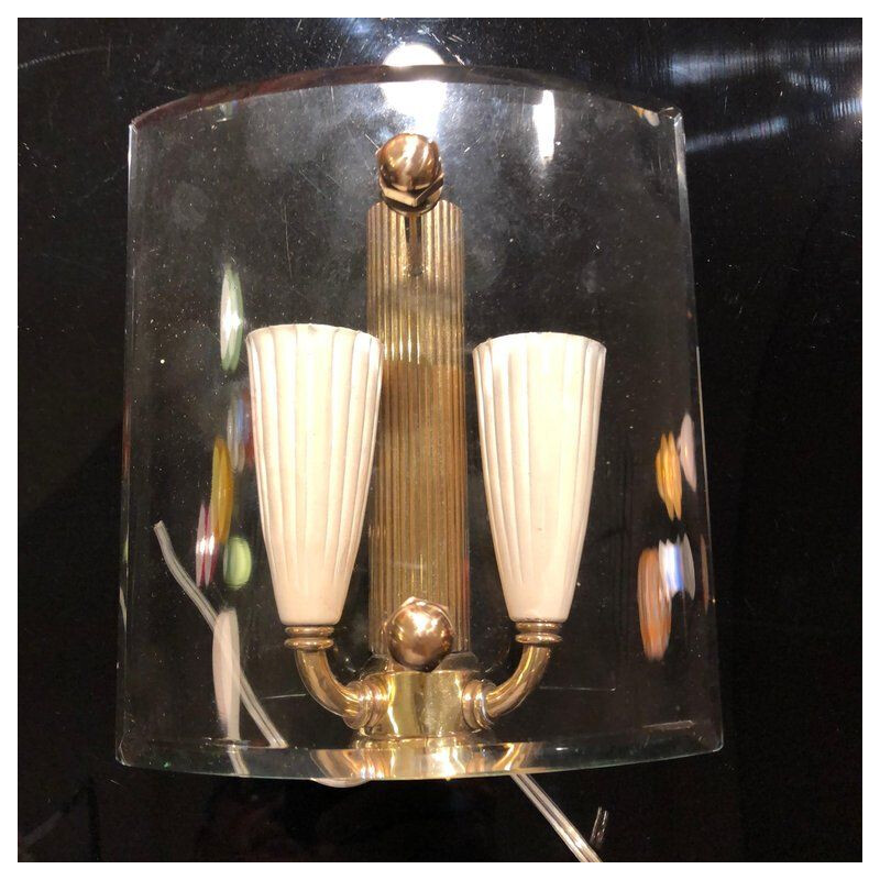 Pair of vintage wall lights in brass and glass