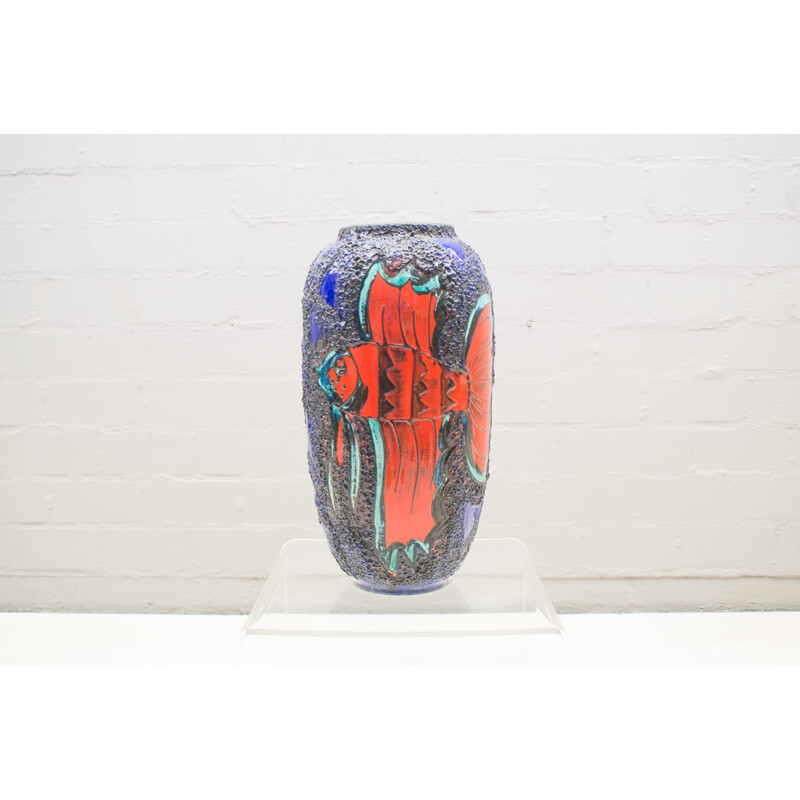 Vintage fat lava ceramic floor vase with fish motif