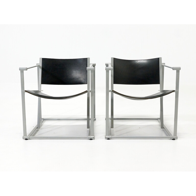 Cubic easy chairs in black leather and grey metal, Radboud VAN BEEKUM - 1980s