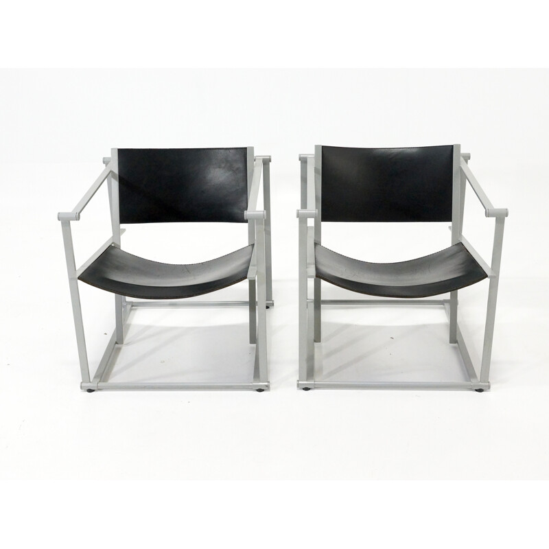 Cubic easy chairs in black leather and grey metal, Radboud VAN BEEKUM - 1980s