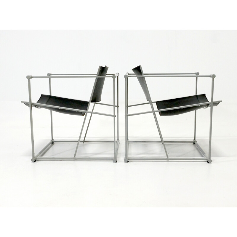 Cubic easy chairs in black leather and grey metal, Radboud VAN BEEKUM - 1980s