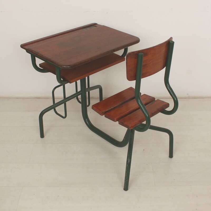 Industrial wooden child desk and chair unit - 1950s