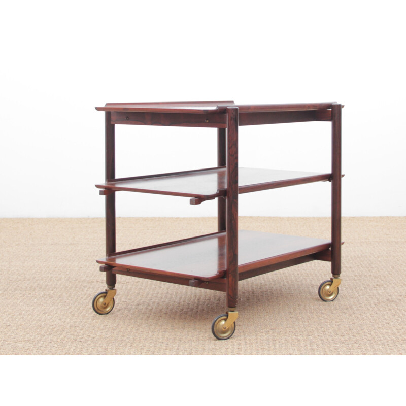 Scandinavian vintage sideboard with wheels in rosewood by Rio with 3 trays by Poul Hundevad