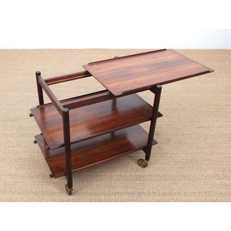 Scandinavian vintage sideboard with wheels in rosewood by Rio with 3 trays by Poul Hundevad
