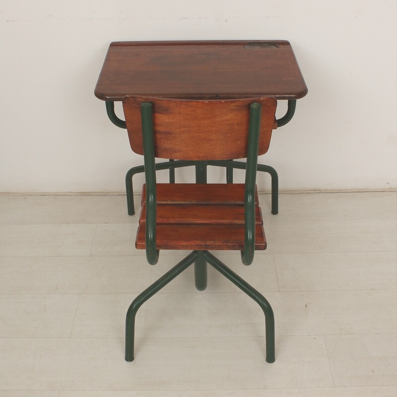 Industrial wooden child desk and chair unit - 1950s