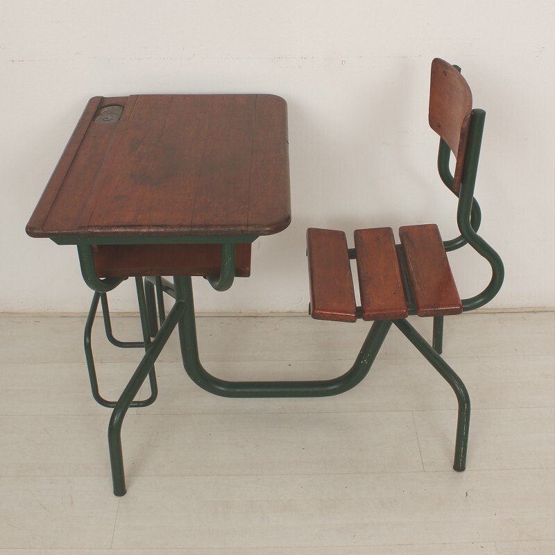 Industrial wooden child desk and chair unit - 1950s