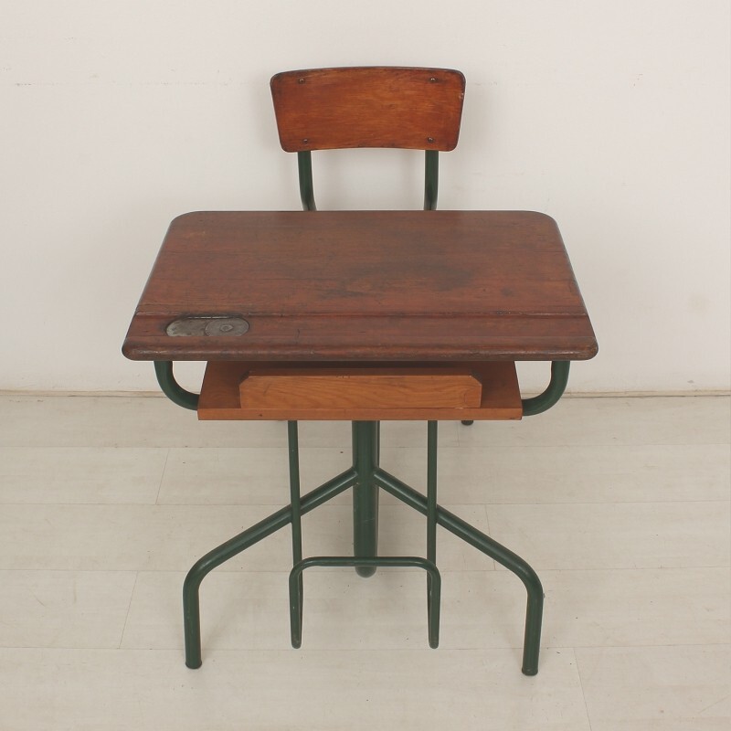 Industrial wooden child desk and chair unit - 1950s