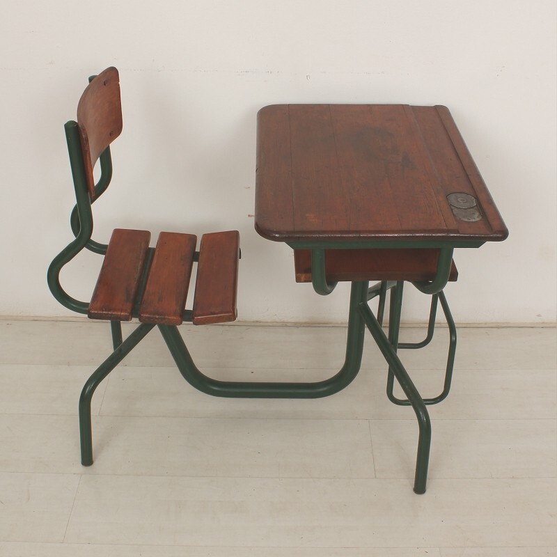 Industrial wooden child desk and chair unit - 1950s