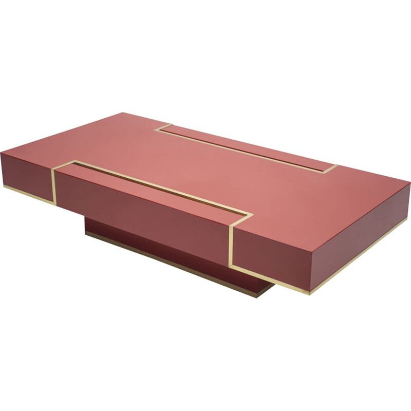 Red coffee table in brass by Jean-Claude Mahey