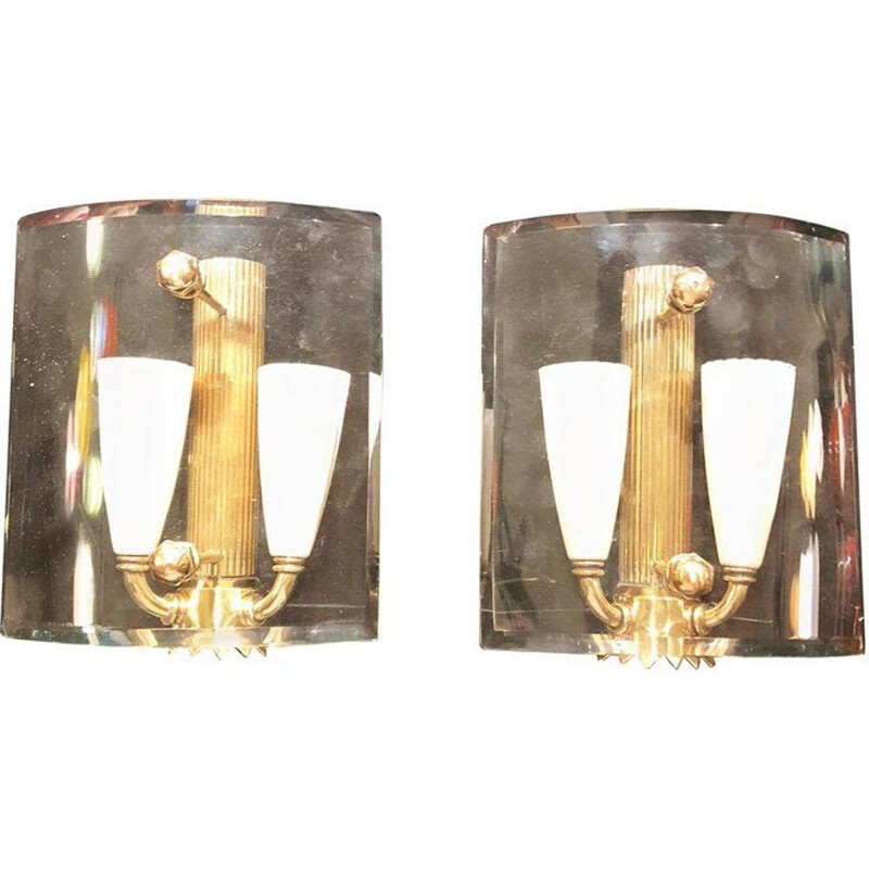 Pair of vintage wall lights in brass and glass