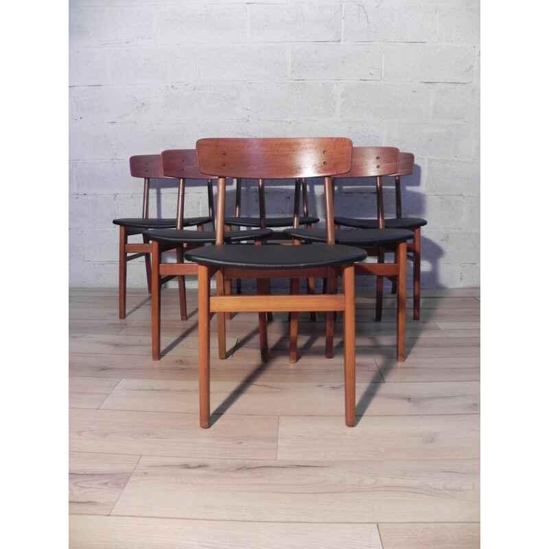 Set of 6 scandinavian chairs in teak and black leatherette - 1960s