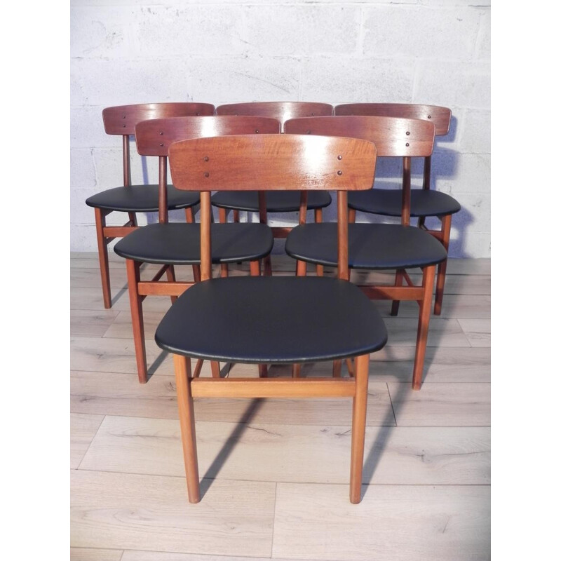 Suite de 6 chaises scandinaves en teck et simili cuir noir - 1960