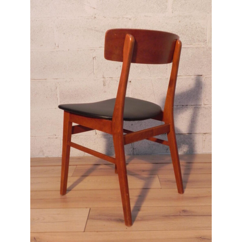 Set of 6 scandinavian chairs in teak and black leatherette - 1960s